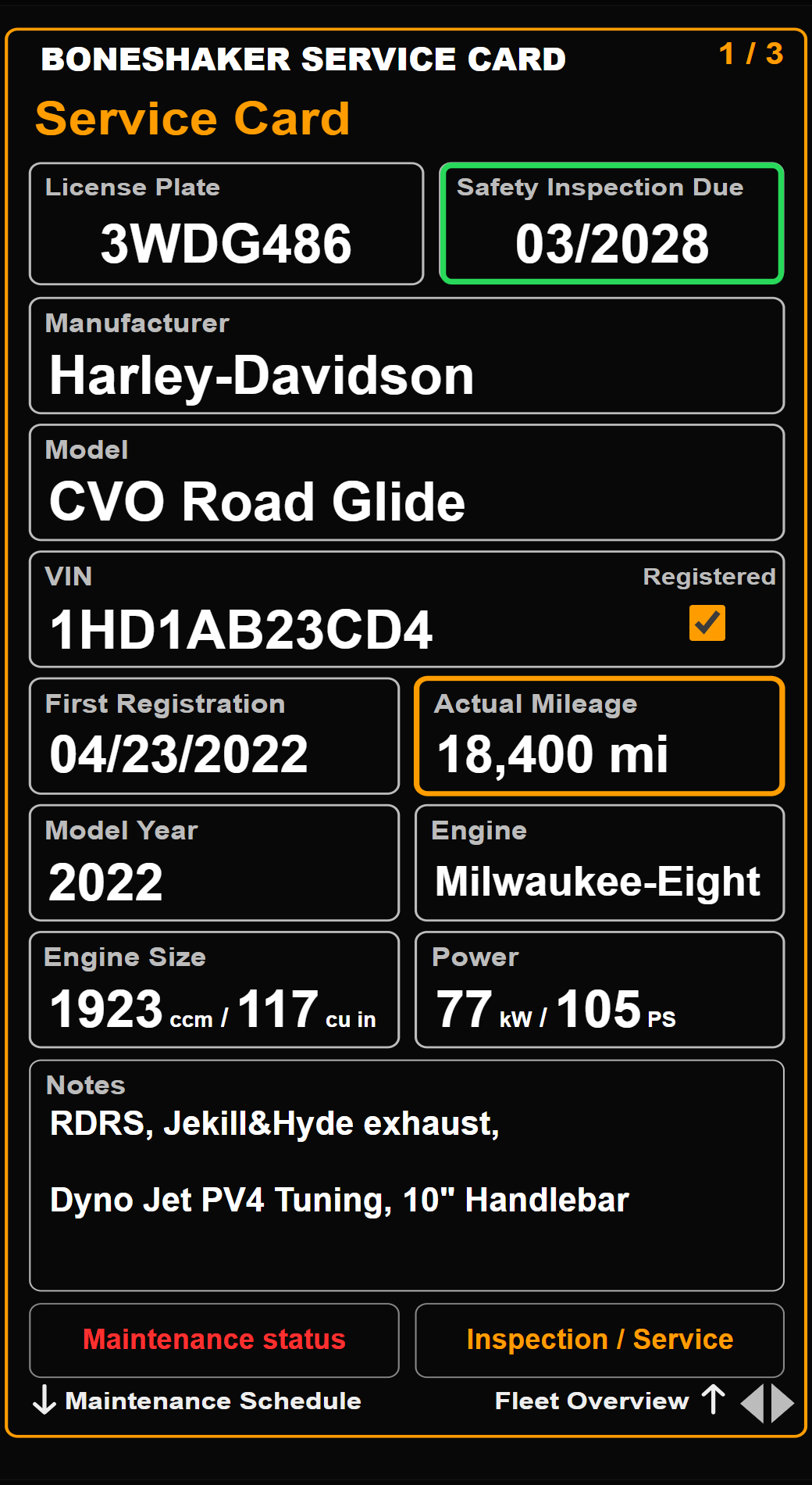Boneshaker, a 2022 Harley-Davidson CVO Road Glide, displayed on Service Card 1