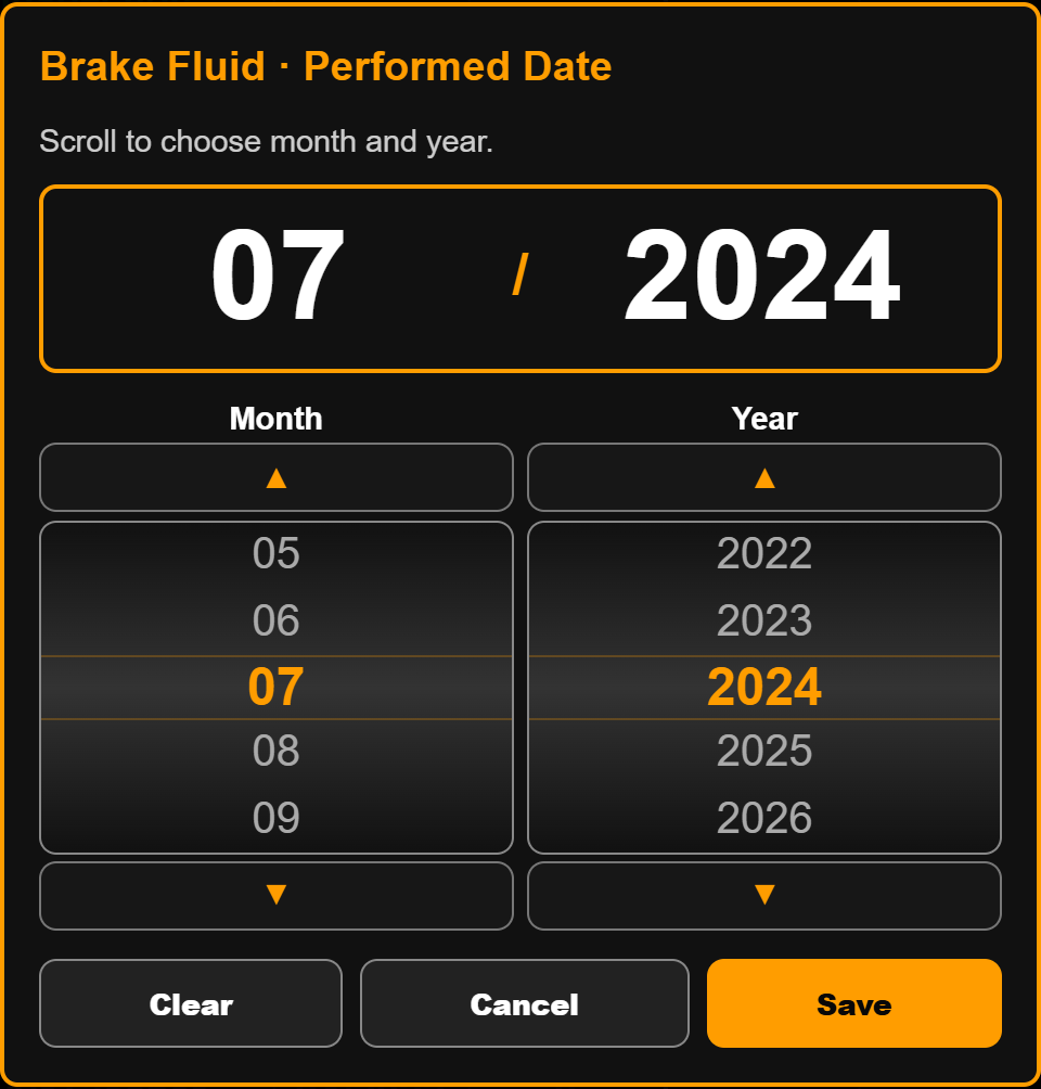 Performed date month and year scroll wheels