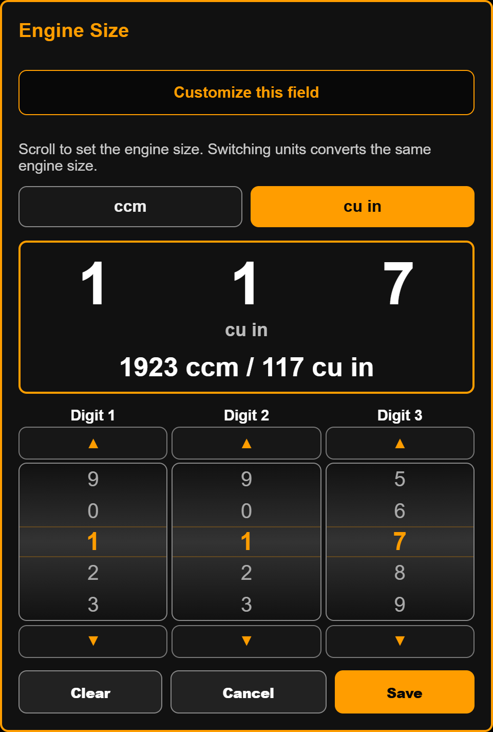 Engine size numeric wheels and conversion switch